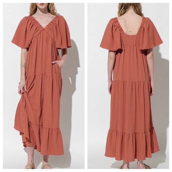 34 Boho V-Neck Flared Sleeve Tiered Maxi Dress - Picture 2 of 2